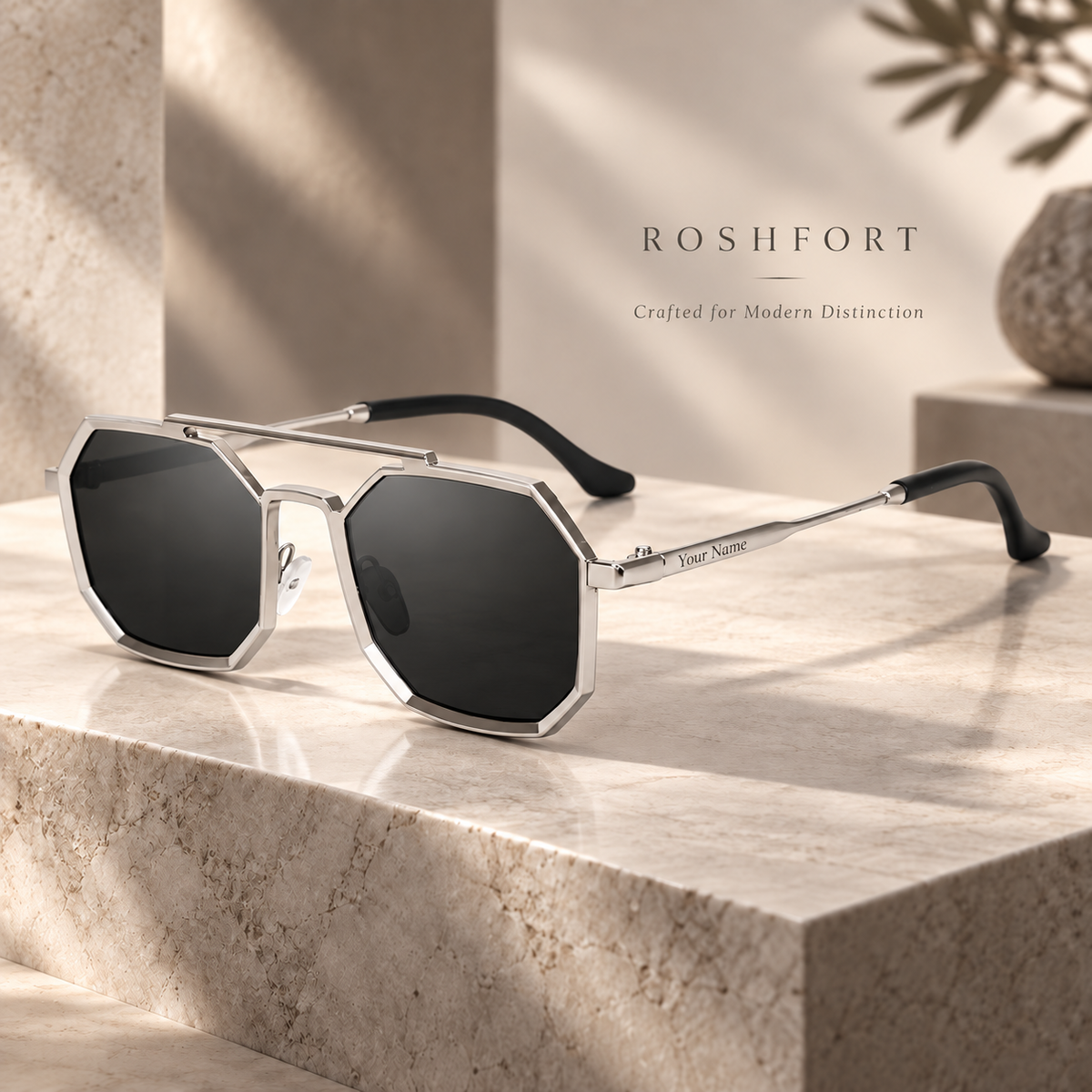 ROSHFORT Noir Hexa Silver Personalised Sunglasses | Your Name on One Temple