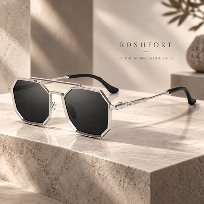 ROSHFORT Noir Hexa Silver Personalised Sunglasses | Your Name on One Temple