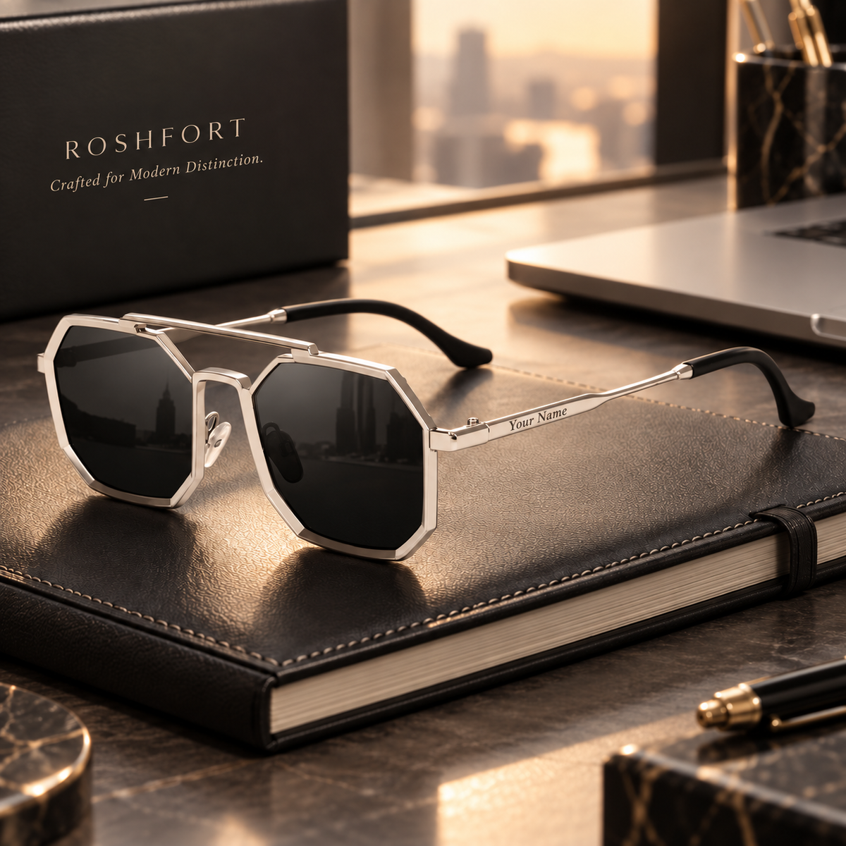 ROSHFORT Noir Hexa Silver Personalised Sunglasses | Your Name on One Temple
