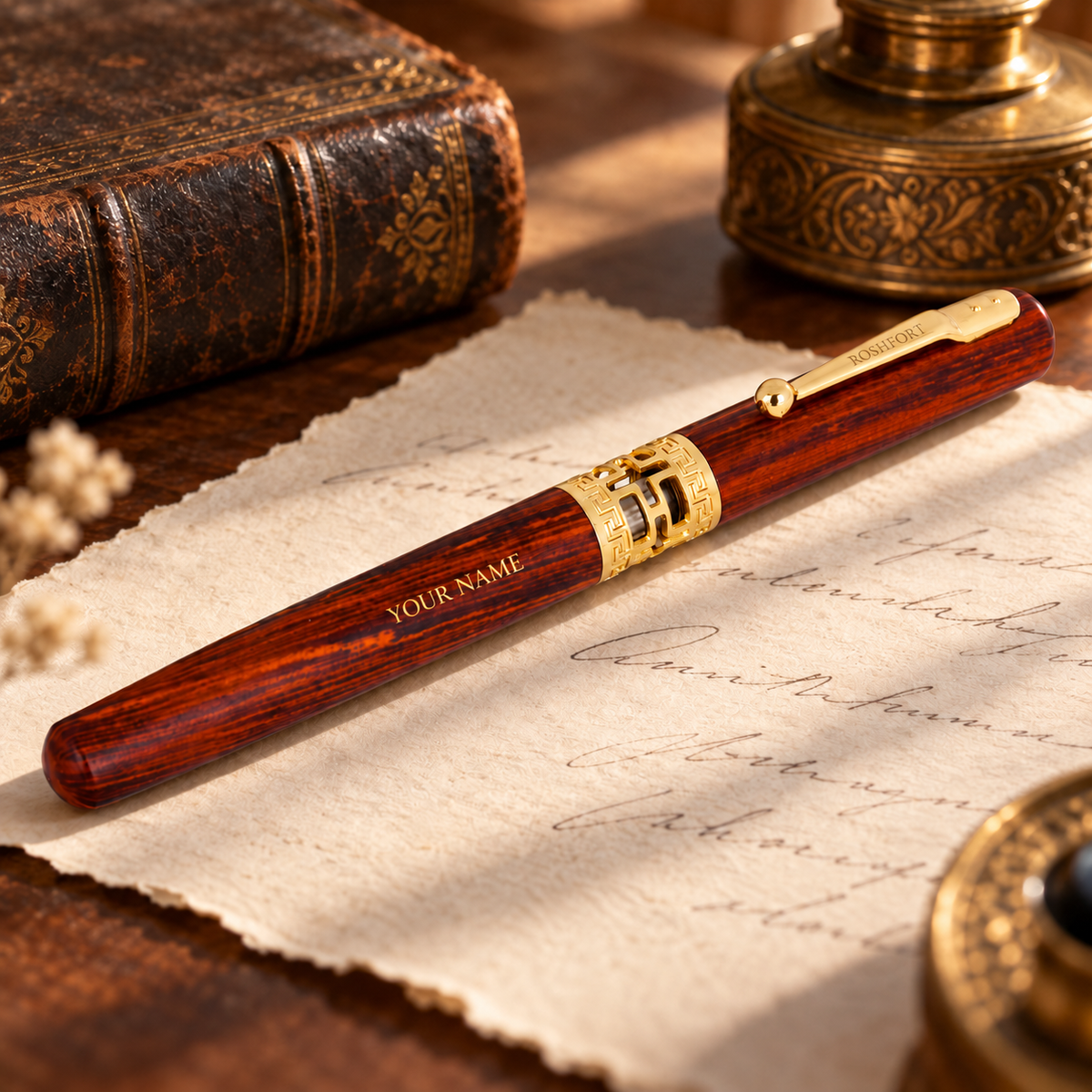 ROSHFORT Rosewood-Finish Signature Roller Pen — Personalised with Your Name
