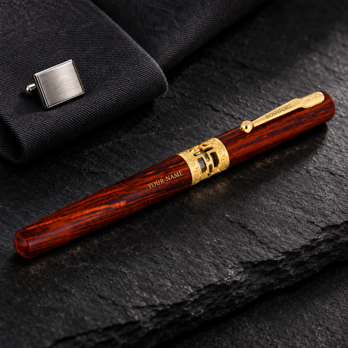 ROSHFORT Rosewood-Finish Signature Roller Pen — Personalised with Your Name