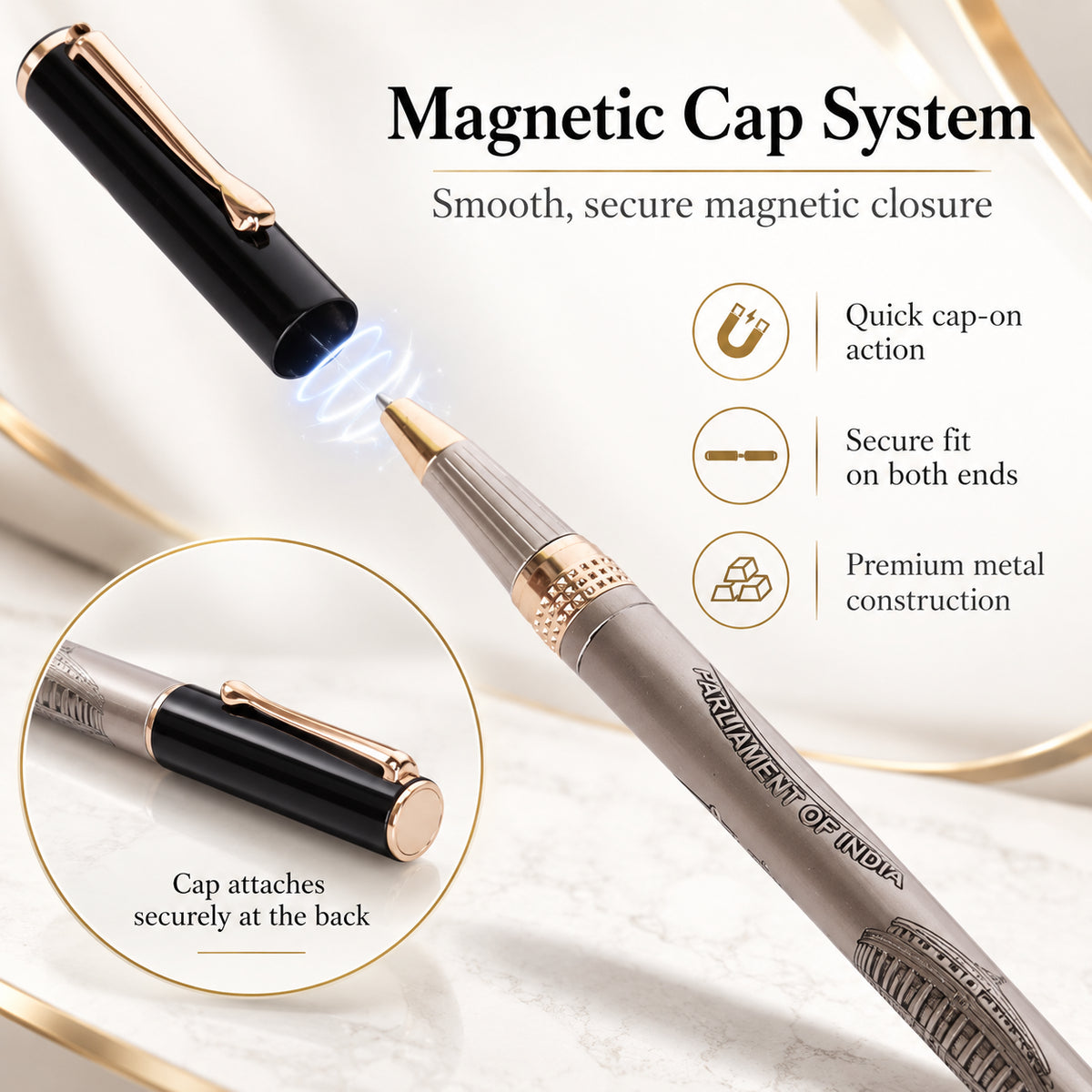 ROSHFORT Parliament Signature Roller Pen | Magnetic Cap, Parliament of India Engraving