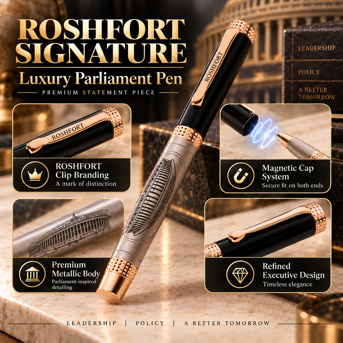 ROSHFORT Parliament Signature Roller Pen | Magnetic Cap, Parliament of India Engraving