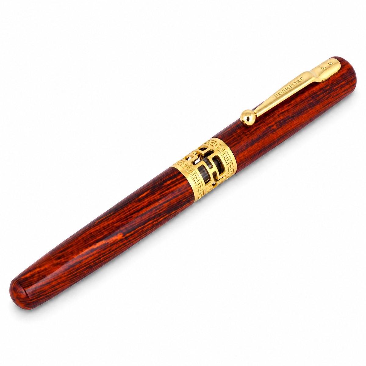 ROSHFORT rosewood signature roller pen with gold carved band and ROSHFORT engraved gold clip
