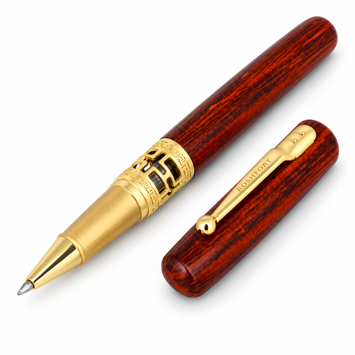 ROSHFORT roller pen with cap off showing the gold cone and fine roller tip