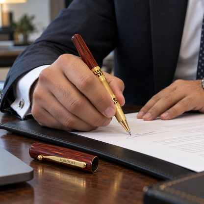 Executive signing a document with the ROSHFORT rosewood signature roller pen