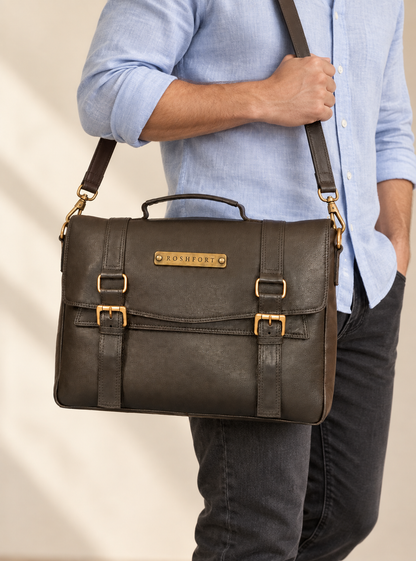 Man carrying the Aldofine olive briefcase on the shoulder strap