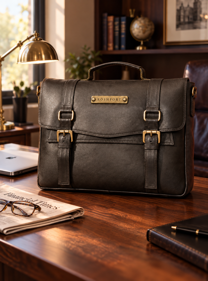 Aldofine olive briefcase on a walnut desk