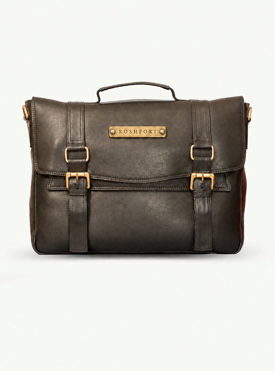 ROSHFORT Aldofine olive leather messenger briefcase, front