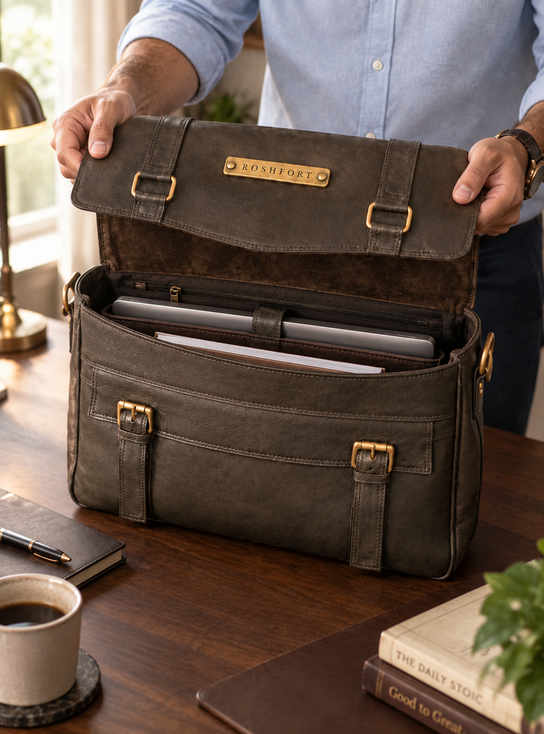 Aldofine olive briefcase opened, showing the interior