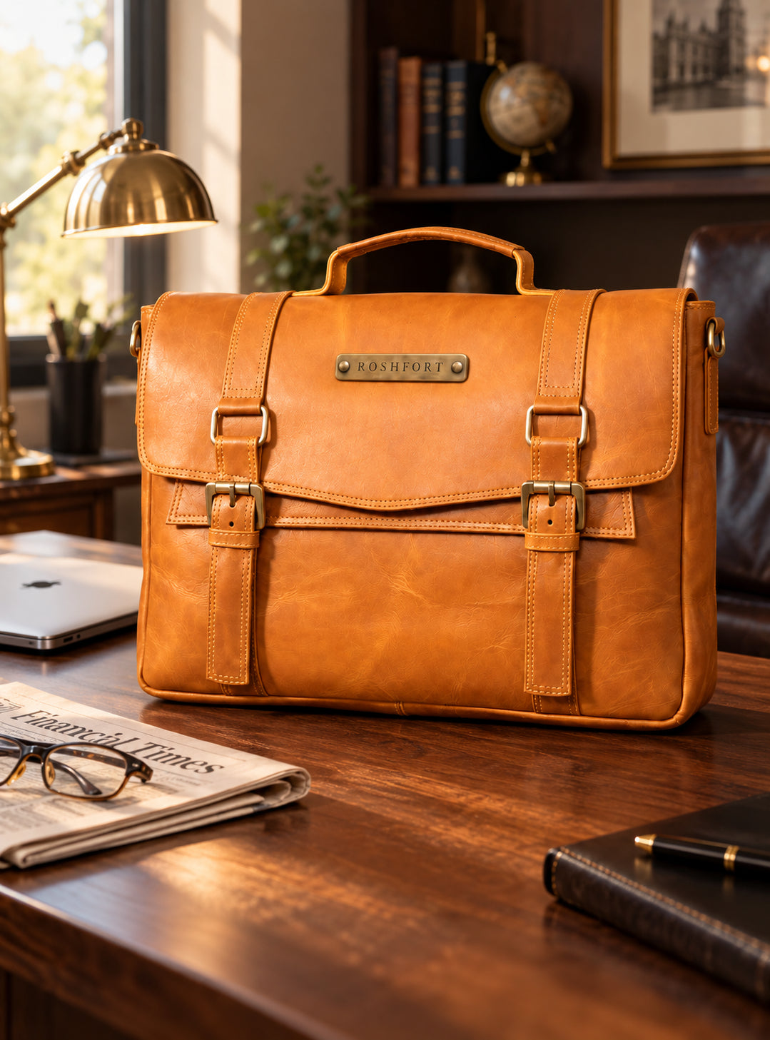 Aldofine tan briefcase on a walnut desk