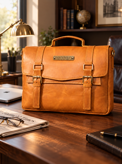 Aldofine tan briefcase on a walnut desk