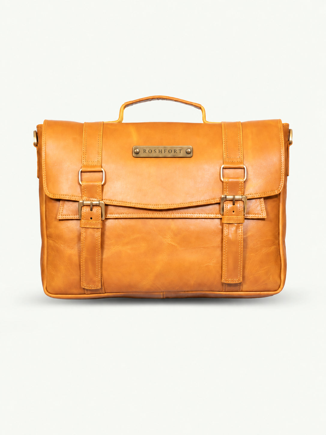 ROSHFORT Aldofine tan leather messenger briefcase, front