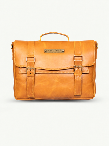 ROSHFORT Aldofine tan personalised leather messenger briefcase, front