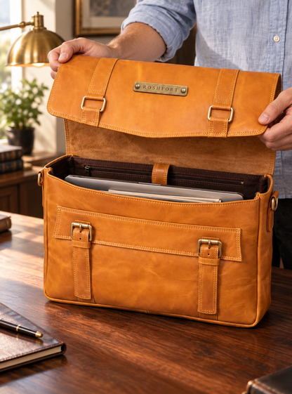 Aldofine tan briefcase opened, showing the interior