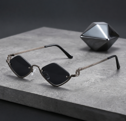 ROSHFORT Noir Facet sunglasses on a stone slab, your name engraved on the temple