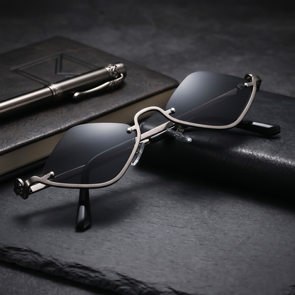 ROSHFORT Noir Facet sunglasses with a notebook and pen