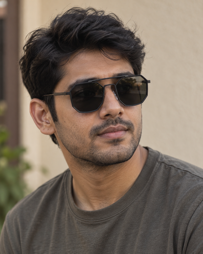 Man wearing ROSHFORT Noir Hexa black sunglasses