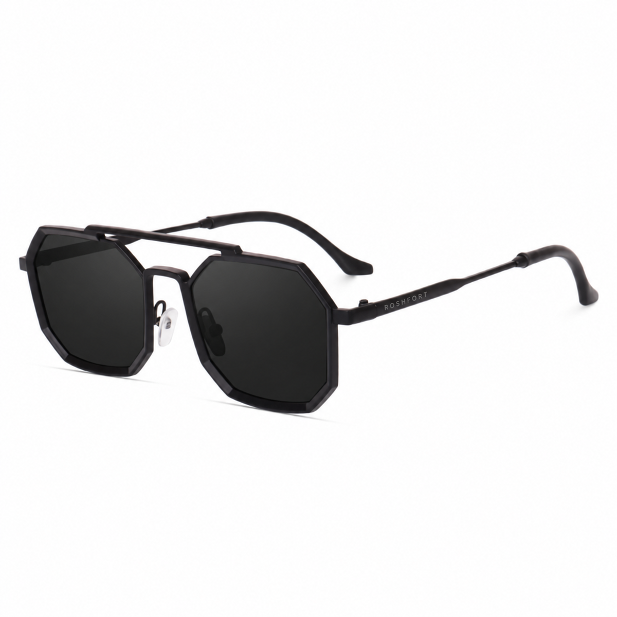 ROSHFORT Noir Hexa sunglasses with the ROSHFORT name engraved on the temple