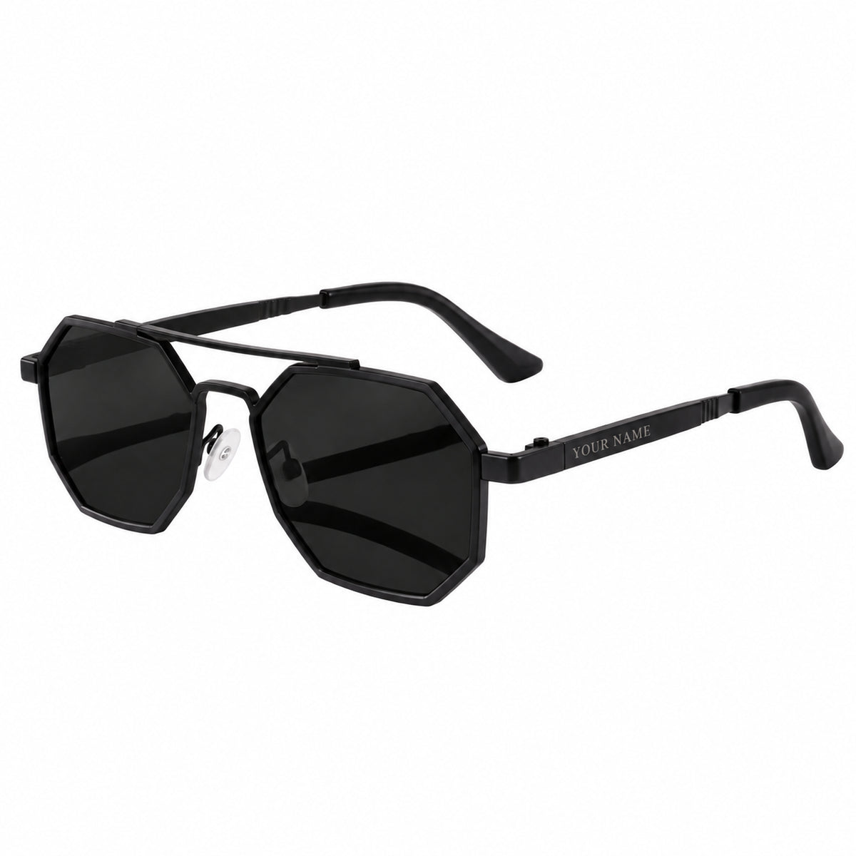 ROSHFORT Noir Hexa sunglasses angled view with your name engraved on the temple