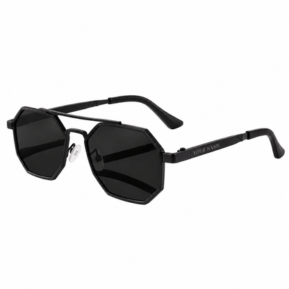 ROSHFORT Noir Hexa sunglasses angled view with your name engraved on the temple