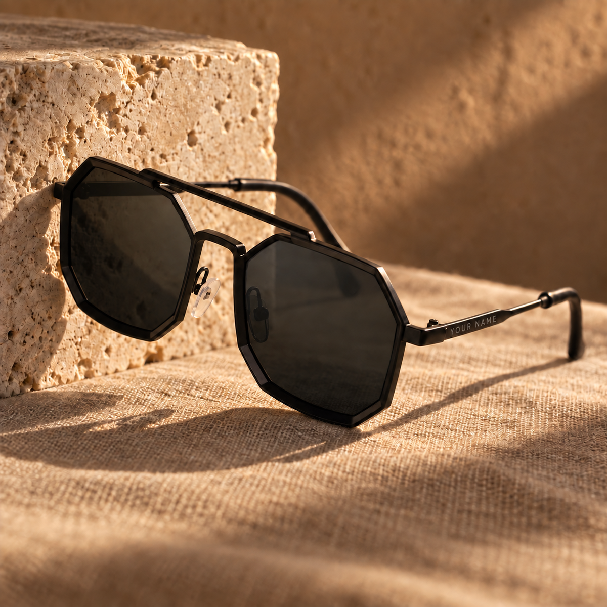 ROSHFORT Noir Hexa Personalised Sunglasses | Your Name on One Temple, ROSHFORT on the Other