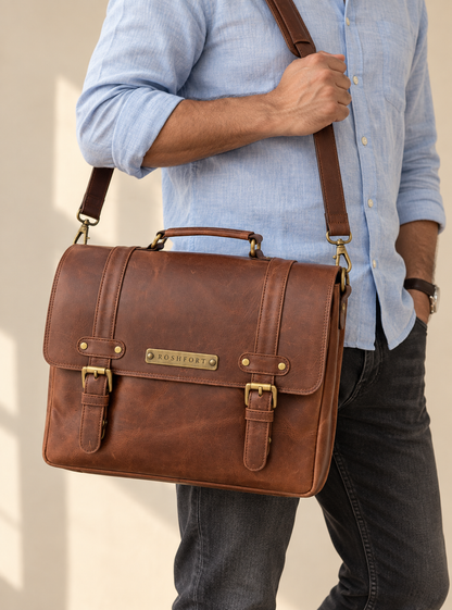 Man carrying the Italic Mont cognac satchel on the shoulder strap