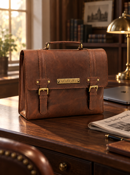 Italic Mont cognac satchel on a walnut desk