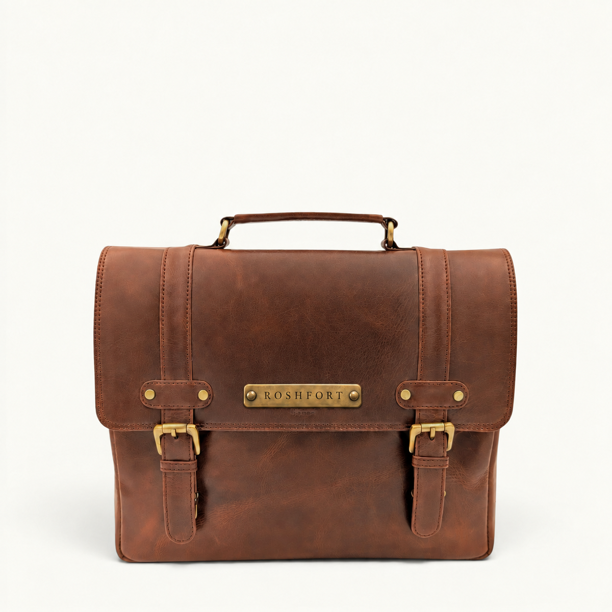 ROSHFORT Italic Mont cognac personalised leather satchel briefcase, front