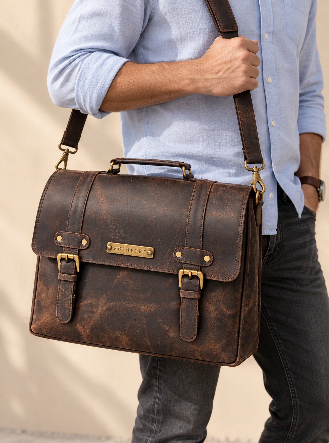 Man carrying the Italic Mont espresso satchel on the shoulder strap
