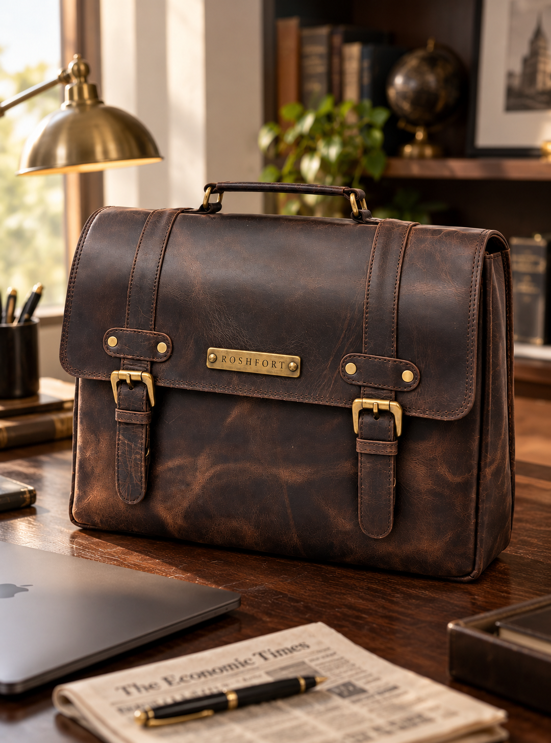 Italic Mont espresso satchel on a walnut desk