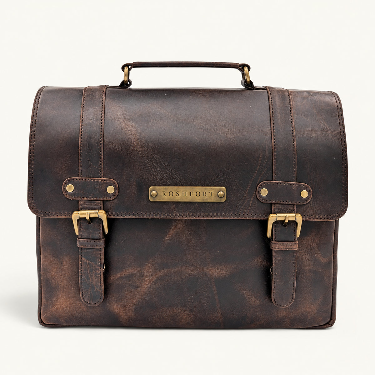 ROSHFORT Italic Mont espresso personalised leather satchel briefcase, front