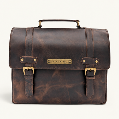 ROSHFORT Italic Mont espresso personalised leather satchel briefcase, front