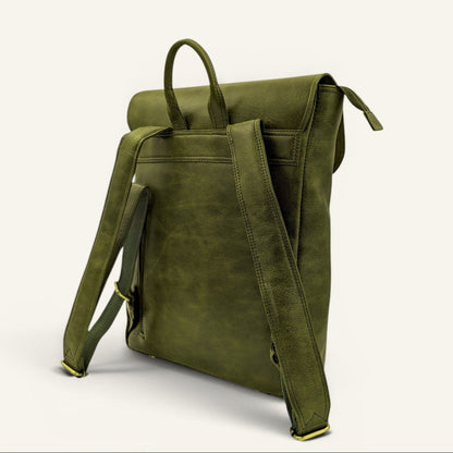 Back of the olive Italic Royal backpack showing the leather shoulder straps
