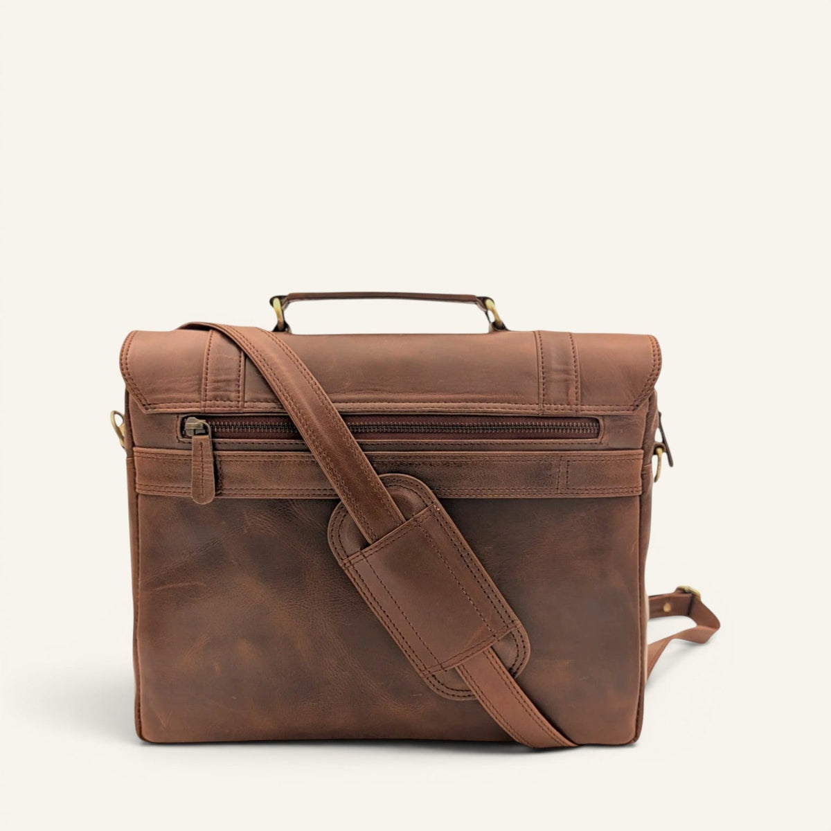 Back of the Italic Mont cognac satchel with zipped pocket