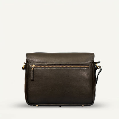Back of the ROSHFORT Vince Cort black leather messenger bag