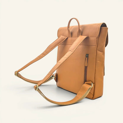 Back of the tan Italic Royal backpack showing the leather shoulder straps