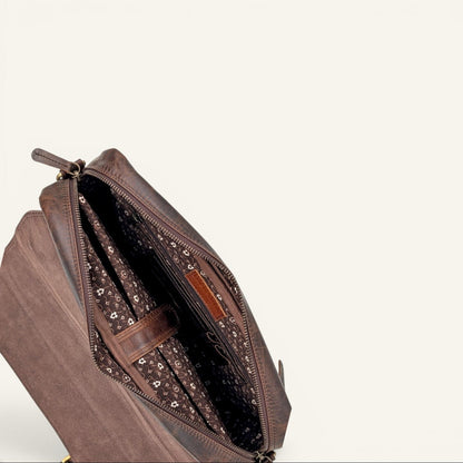 Printed cotton lined interior of the Italic Mont espresso satchel