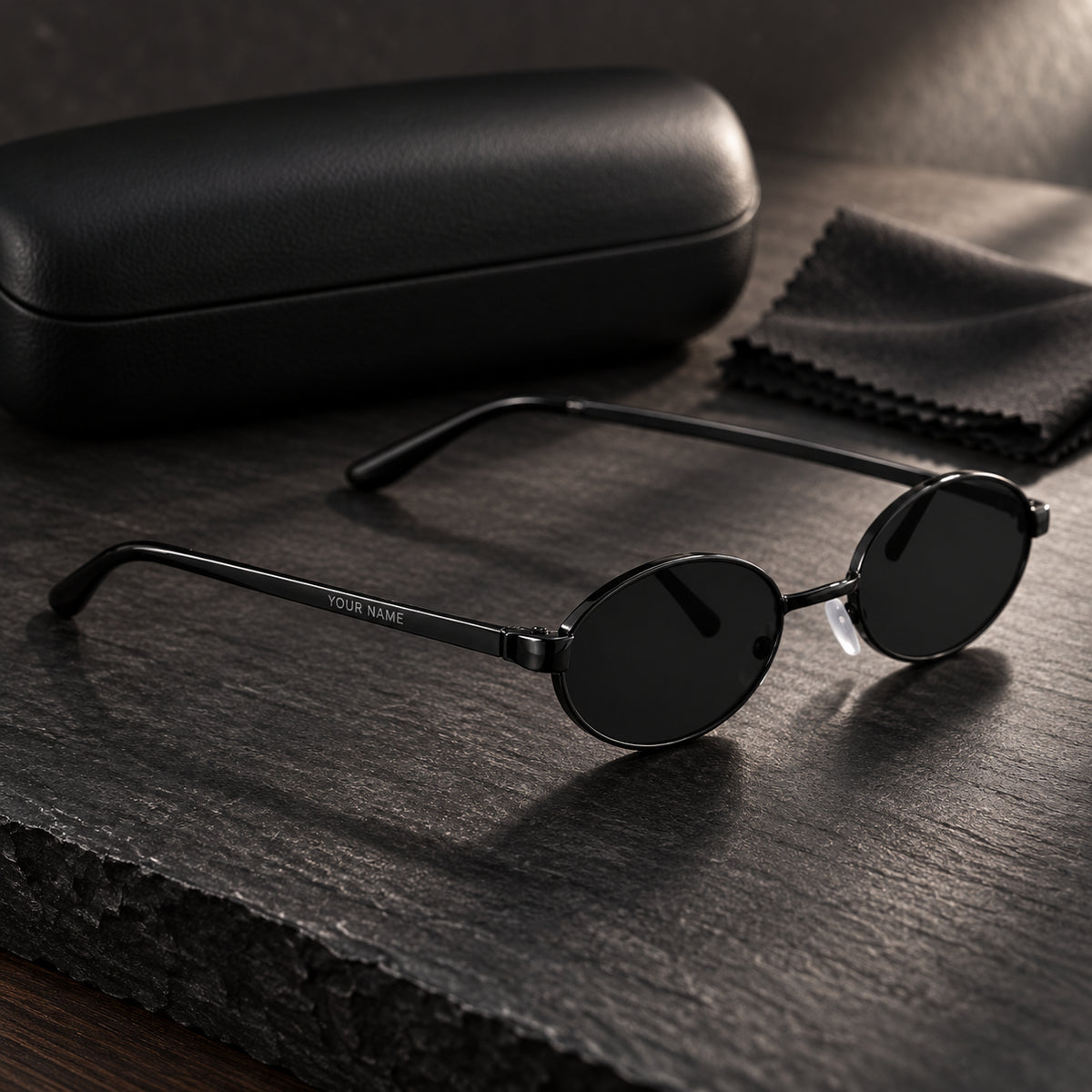 ROSHFORT Noir Oval sunglasses with hard case and cleaning cloth