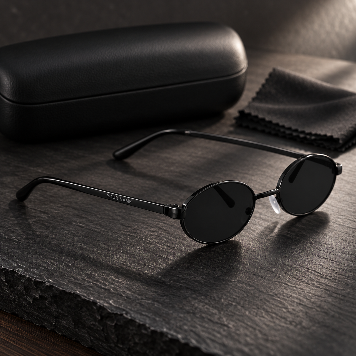ROSHFORT Noir Oval sunglasses with hard case and cleaning cloth
