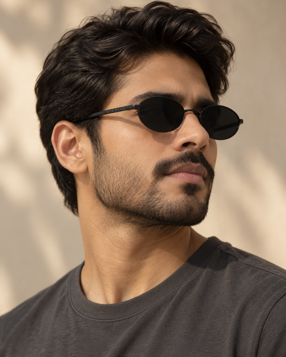 Man wearing ROSHFORT Noir Oval personalised sunglasses