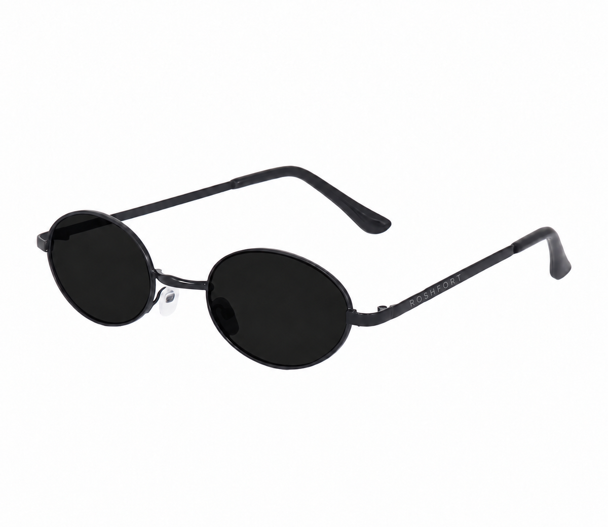 ROSHFORT Noir Oval sunglasses with the ROSHFORT name laser engraved on the temple