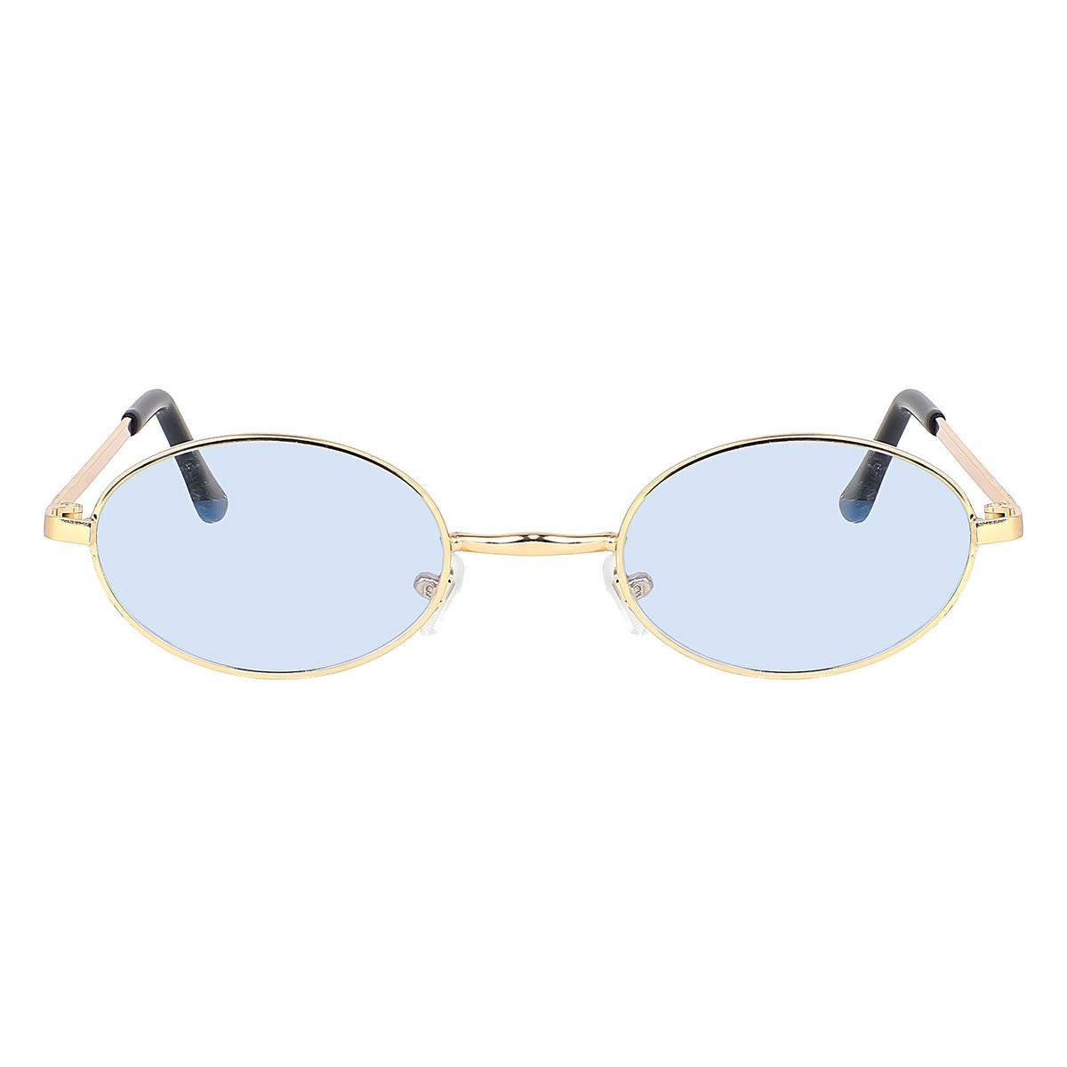 Gold oval sunglasses with light blue tinted lenses, front view