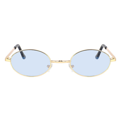 Gold oval sunglasses with light blue tinted lenses, front view