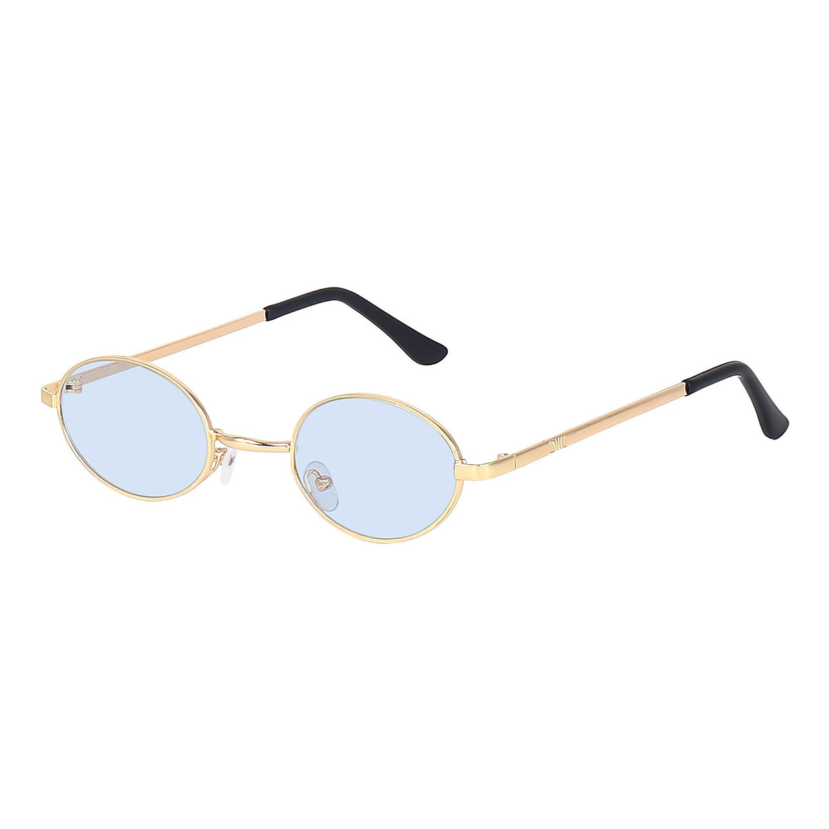 Gold oval blue-lens sunglasses side profile showing the full temple arm