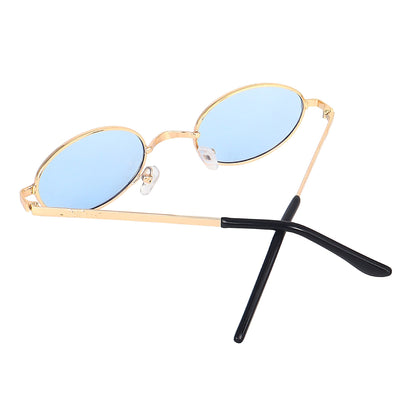 Gold oval sunglasses with blue lenses at an angle