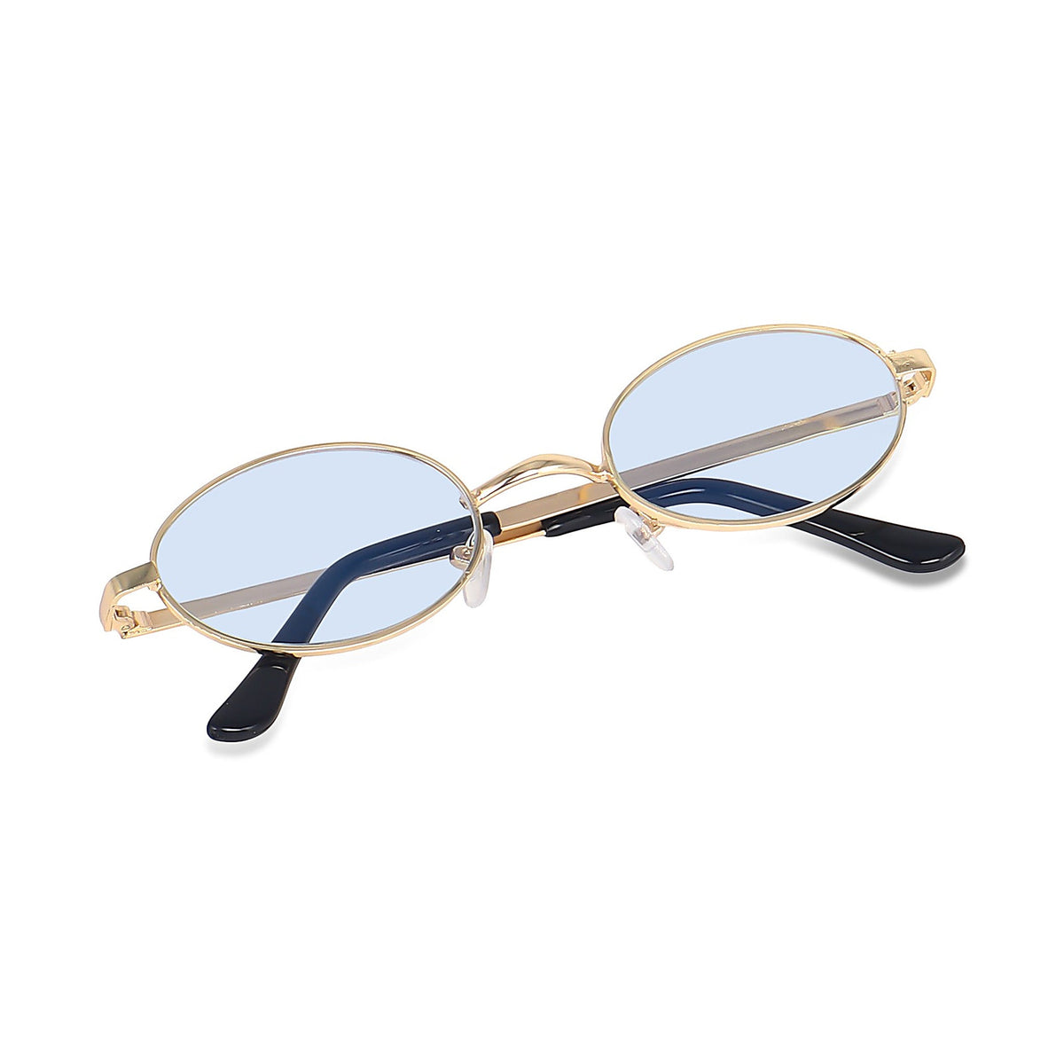 Gold oval blue-lens sunglasses angled view showing temple and hinge