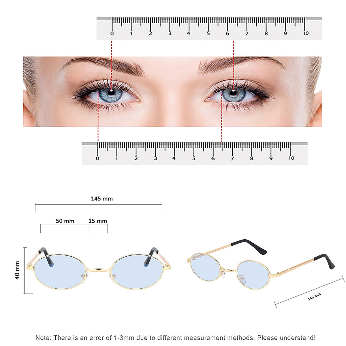 Size guide: 145 mm frame width, 50 mm lens width, 40 mm lens height, 15 mm bridge