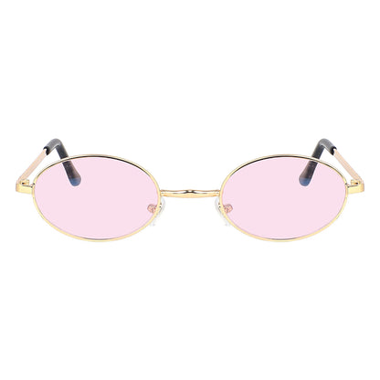 Gold oval sunglasses with pink tinted lenses, front view