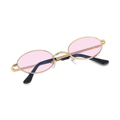 Gold oval sunglasses angled view showing temple and hinge